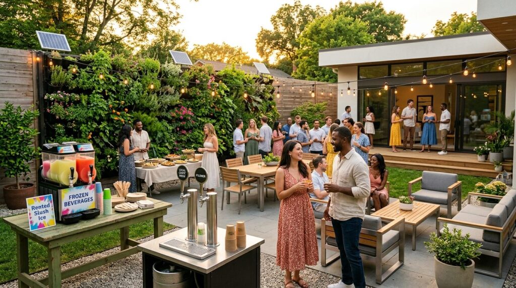 Wide angle shot of a contemporary backyard summer gathering