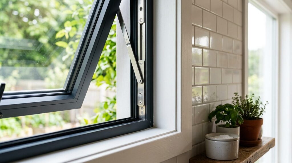 Close-up detail shot of a top-hung window mechanism in a bri