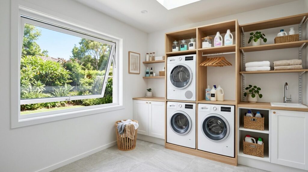 Bright laundry room or utility space with top-hung window op